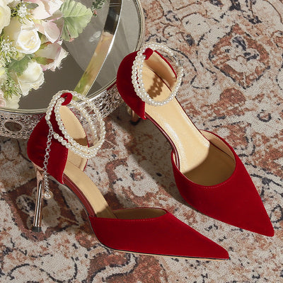 Pointed Stiletto Heels Pearls Shoes
