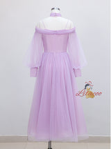 Purple Tulle Long Sleeve Pleats Prom Dress
