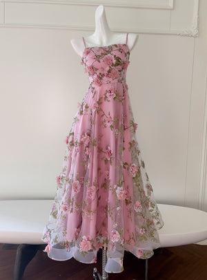 Pink Tulle Print 3D Flower Prom Dress