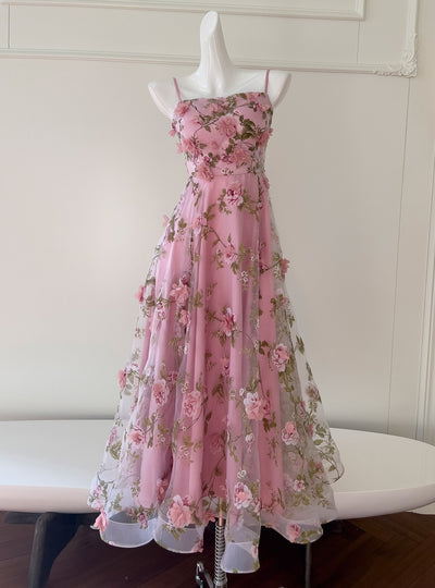 Pink Tulle Print 3D Flower Prom Dress