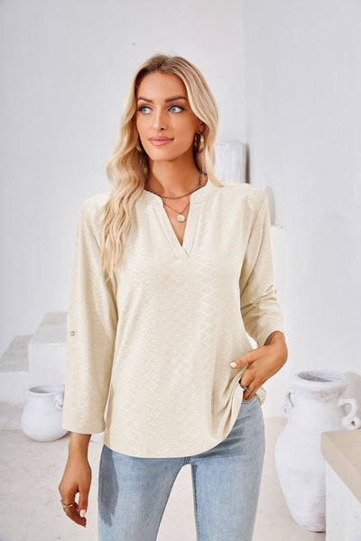 V-neck Cropped Sleeve Button Loose T-shirt