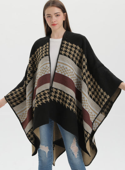 Retro Cashmere Striped Houndstooth Cloak Scarf