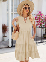 Solid Color V-neck Short Sleeve Dress