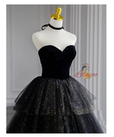 Black Tulle Sequins Strapless Tiers Prom Dress