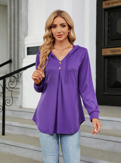 V-neck Button Hooded Loose Long Sleeve Top