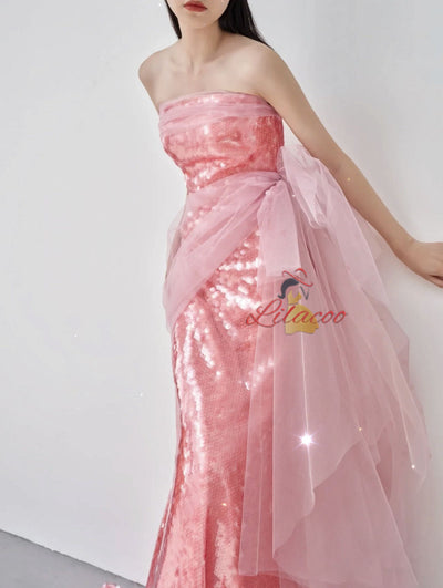 Pink Mermaid Sequins Strapless Prom Dress