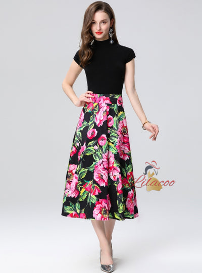 Short-sleeved Knitted Shirt Printed Skirt Suit