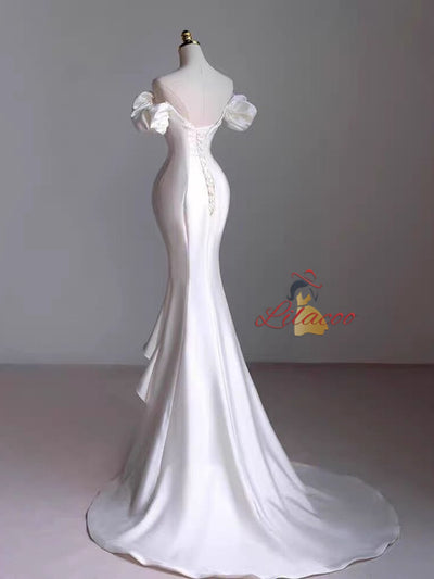 White Mermaid Hi Lo Satin Wedding Dress