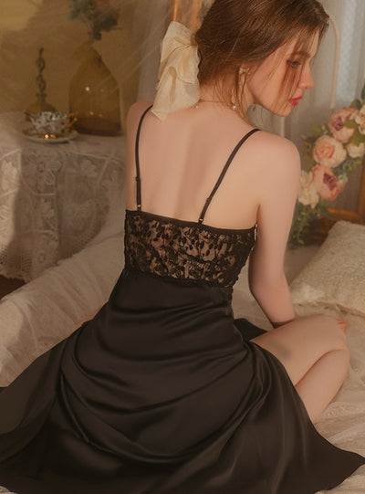 Split V-neck Perspective Lace Satin Nightgown