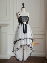 White Tulle Black Lace Straps Prom Dress