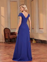 Royal Blue V-neck Cap Sleeve Beading Prom Dress
