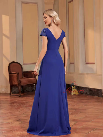 Royal Blue V-neck Cap Sleeve Beading Prom Dress