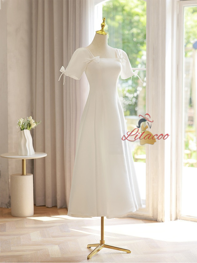 White Square Neck Short Sleeve Bow Wedding Dress