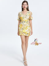 Seaside Flower V-neck Bubble Sleeve Dress