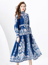 Retro Printed Slim Bubble Sleeve Dress