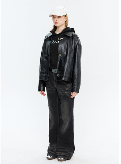 Button Lapel Long Sleeve Jacket PU Leather Coat