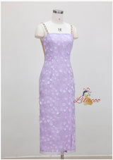 Purple Three-dimensional Sling Split Perspective Backless Dress