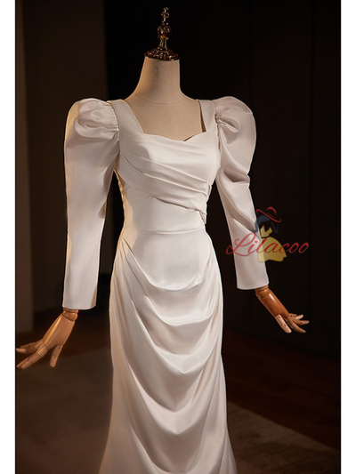White Mermaid Satin Long Sleeve Wedding Dress