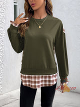 Checked Spliced Round Neck Pullover Top
