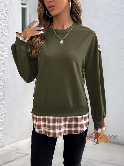 Checked Spliced Round Neck Pullover Top
