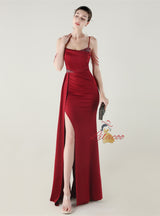 Burgundy Mermaid Spaghetti Straps Beading Prom Dress