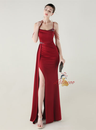 Burgundy Mermaid Spaghetti Straps Beading Prom Dress