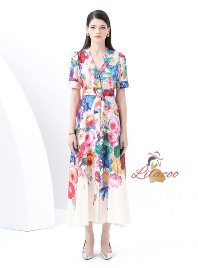 Retro Silm Waist Slim Printed Long Dress