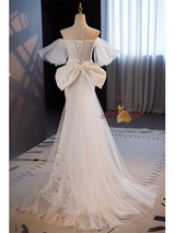 White Mermaid Lace Pearls Wedding Dress