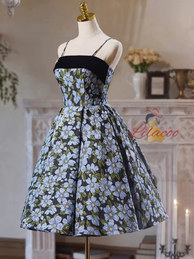 Fashion Black Print Spaghetti Straps Homecoming Dress