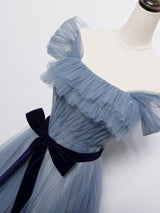 Blue Tulle Sequins Pleats Prom Dress