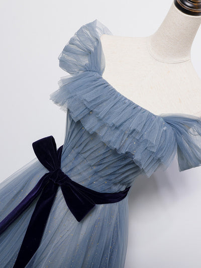 Blue Tulle Sequins Pleats Prom Dress