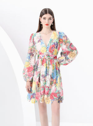 Retro V-neck Breasted Printed Dress