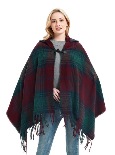 Checked Horn Buckle Hooded Shawl Cloak