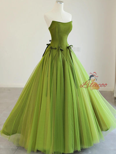 Green Tulle Strapless Bow Prom Dress