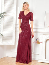 Burgundy Sequins V-neck Short Sleeve Prom Dress