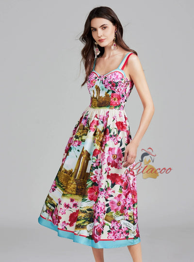 Women Slim Printed Suspenders Dress