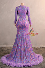 Purple V-neck Long Sleeve Feather Prom Dress