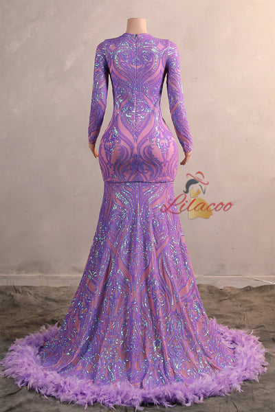 Purple V-neck Long Sleeve Feather Prom Dress