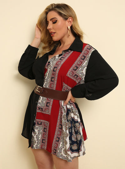 Ethnic Print Stitching Loose Long-sleeved Shirt