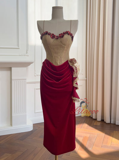 Velvet Lace Straps Pleats Prom Dress