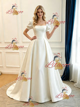 Beige White Satin Puff Sleeve Wedding Dress