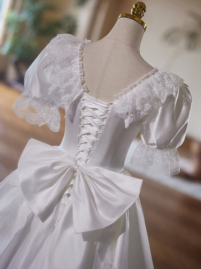 White Satin V-neck Lace Bow Wedding Dress