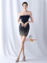 Burgundy Sheath Sequins Strapless Short Prom Dress