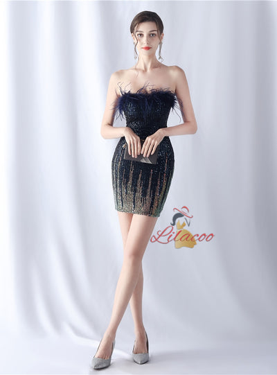 Burgundy Sheath Sequins Strapless Short Prom Dress