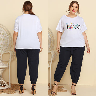 Round Neck Printed T-shirt Pants Two-piece Suit