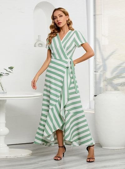 Slim-fit Striped Irregular Swing Dress