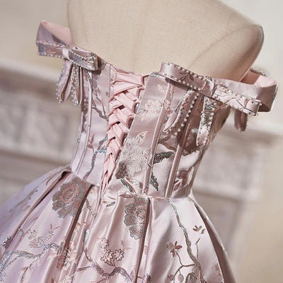 Pink Satin Embroidery Bow Homecoming Dress