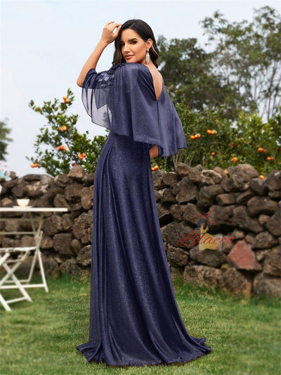 Navy Blue V-neck Appliques Prom Dress