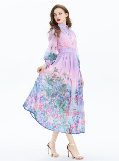 Printed Long Chiffon Holiday Dress