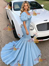 Blue Mermaid Sequins Puff Sleeve Prom Dress